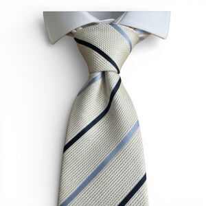 CROMBIE Men's Silk Honeycomb Necktie White/Blue/Black Striped Handmade in Italy